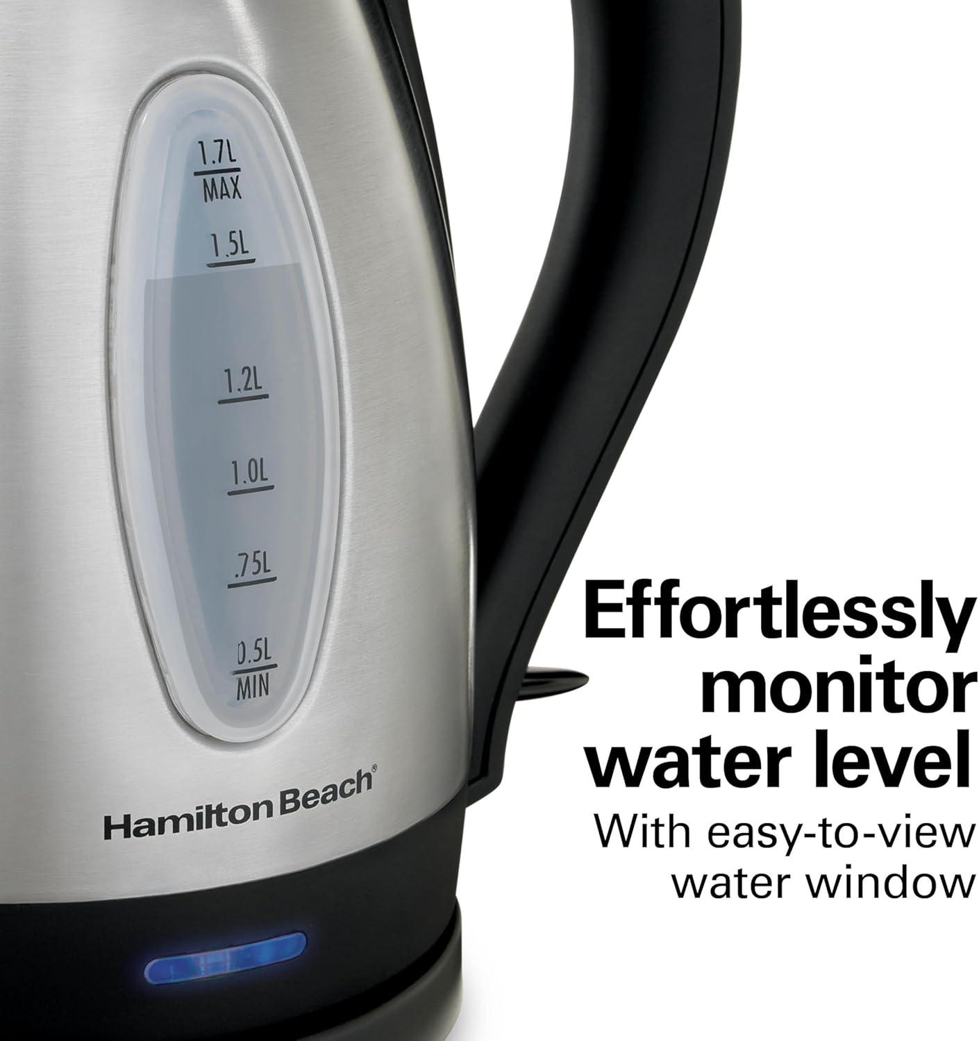 Hamilton Beach 1.7L StainSteel Kettle 40880: 1500W Electric Tea Kettle, Silver, Plastic Handle & Lid, 1 Year Warranty