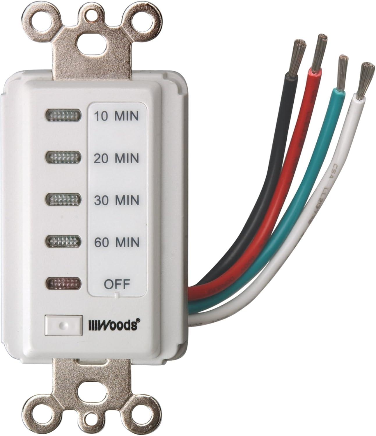 Woods 59008 Decora Style 60-30-20-10 Minute Preset Wall Switch Timer, White, 60-Minute