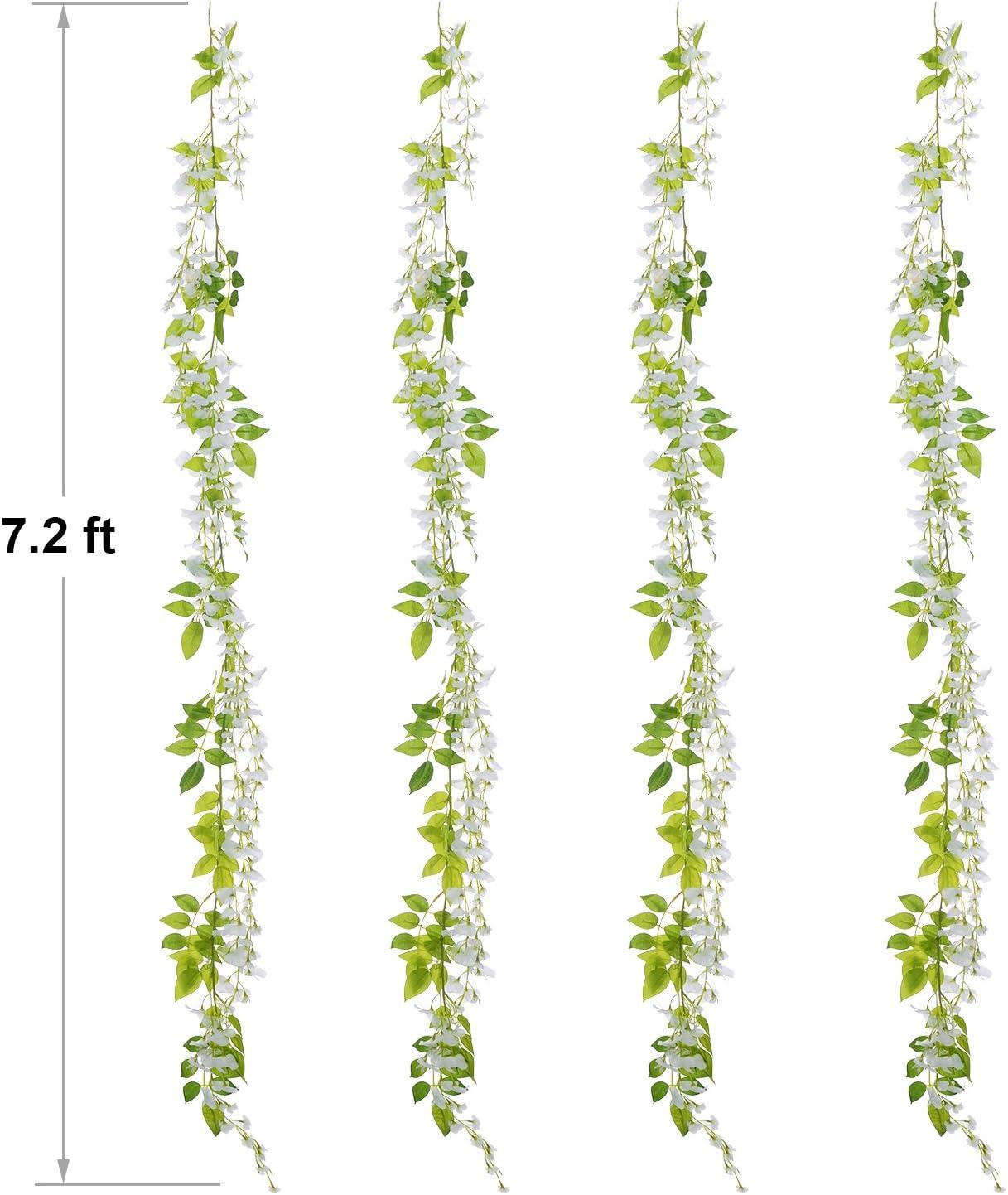 COM4SPORT Wisteria Artificial Flowers Garland, 4Pcs Total 28.8ft White Artificial Wisteria Vine Silk Hanging Flower for Home Garden Outdoor Ceremony Wedding Arch Floral Decor