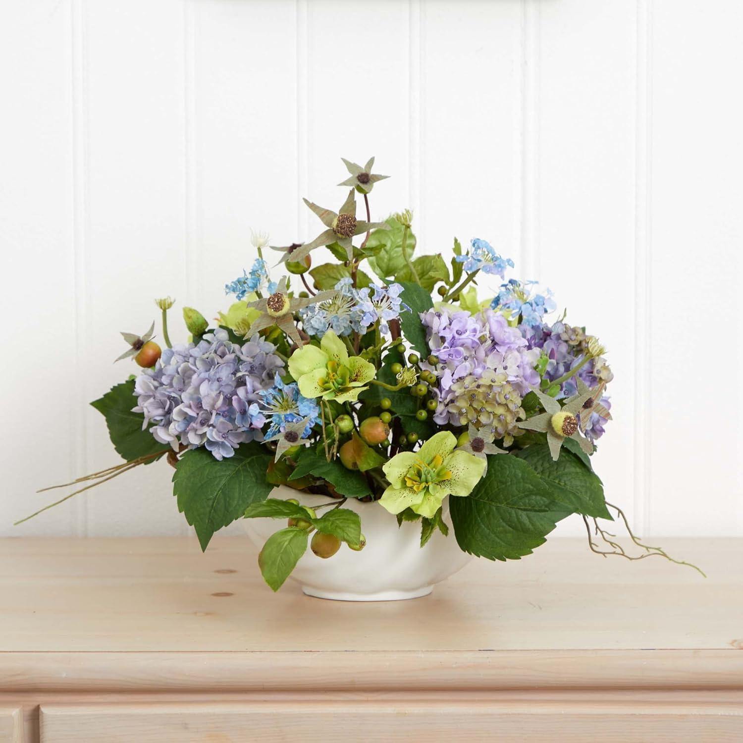 Autumn Elegance Hydrangea 10" Faux Floral Centerpiece in White Ceramic