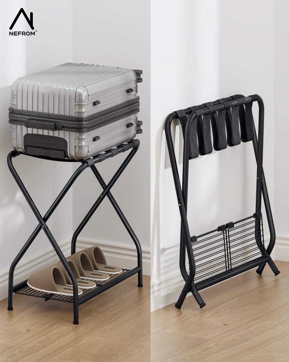 A Home Rack Set Of 2, Foldable Suitcase Stand With Storage Shelf, Metal Luggage Holder For Guest Room, Bedroom