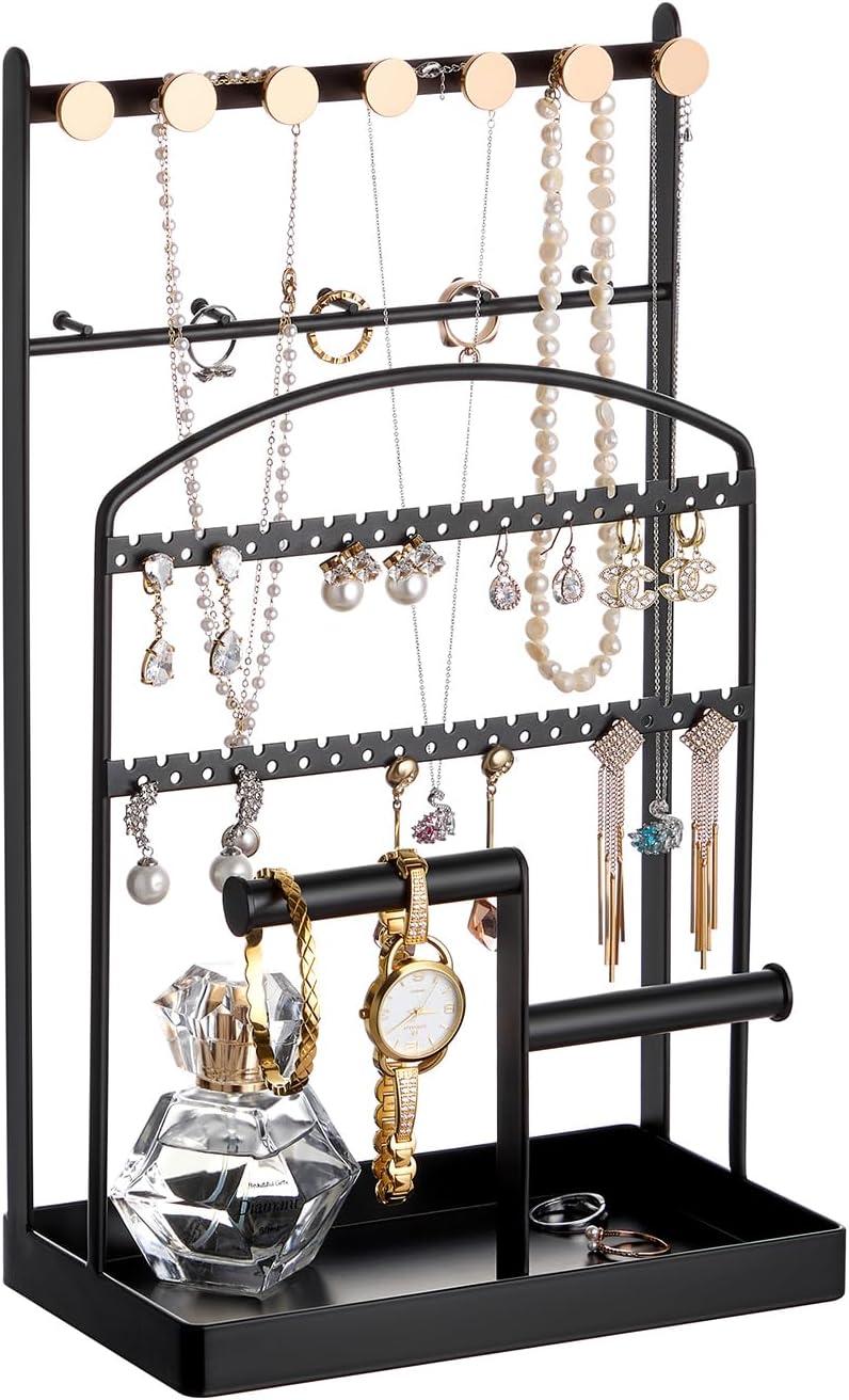 Jewelry Holder, Accessory Organizer, Jewelry Display Stand with Metal Frame and Velvet Tray