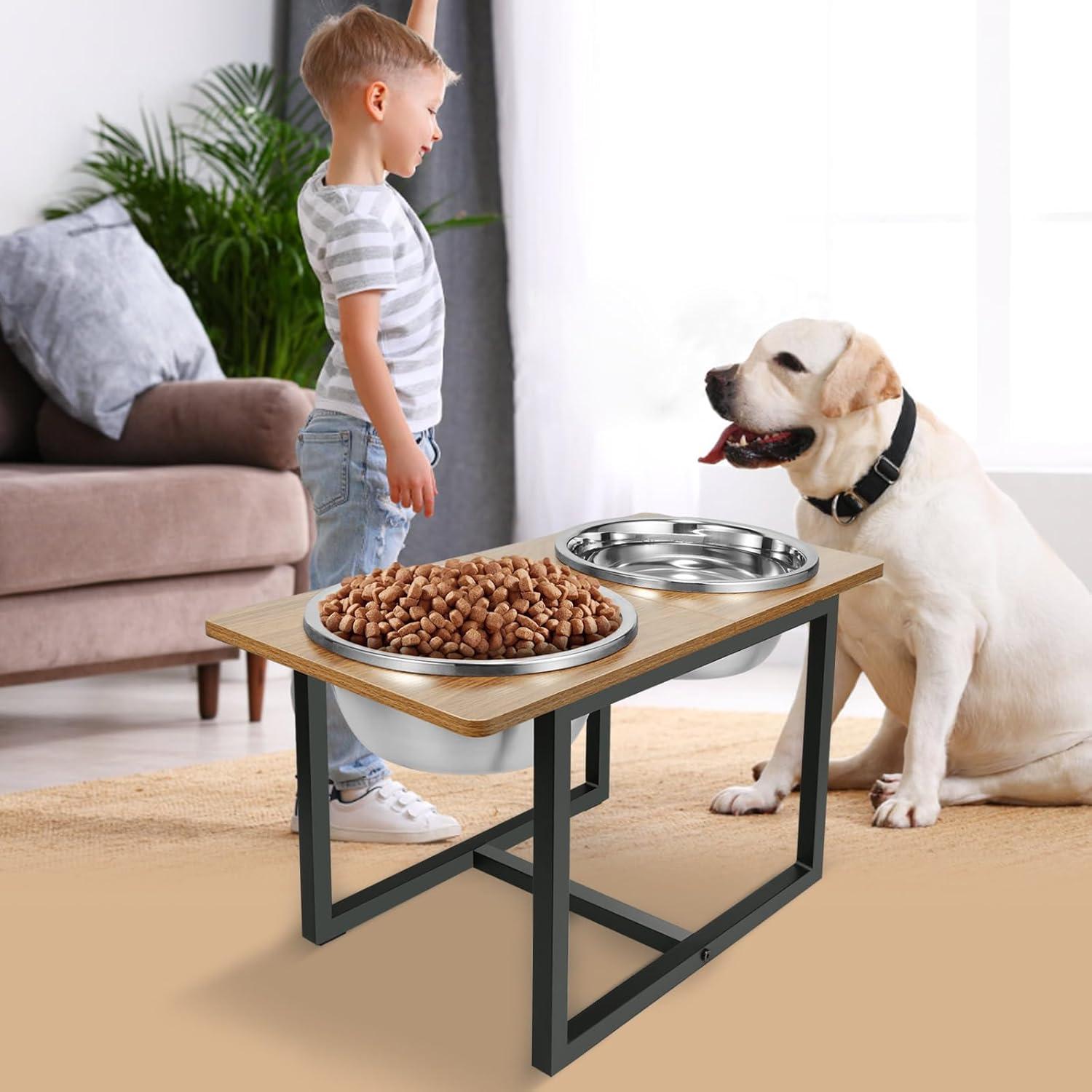 Elevated Dog Bowls for Large Dogs, Raised Dog Bowl Stand with Two X-Large Stainless Steel Dog Bowls for Extra Large Dogs, 3.5L Capacity, Rustic Brown