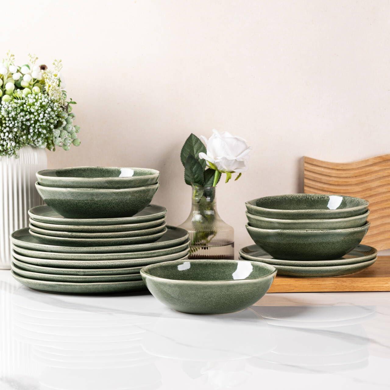Olive Green and White Ceramic Dinnerware Set for 4