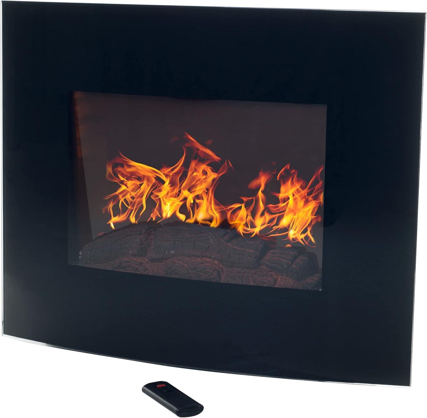 Black Curved Glass Wall-Mounted Electric Fireplace with Remote