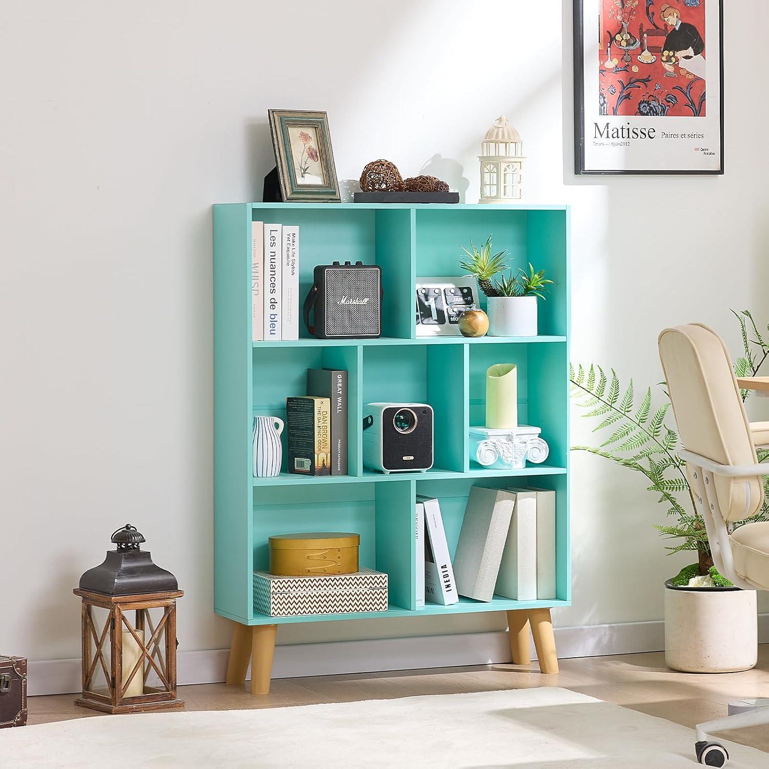 Satiny 7 Cube Bookshelf 3-Tier Bookcase with Legs, Mint-Green Kids Book Shelf Cute Storage Organizer, Toy Shelves Bookshelves,Wood Display Bookcases
