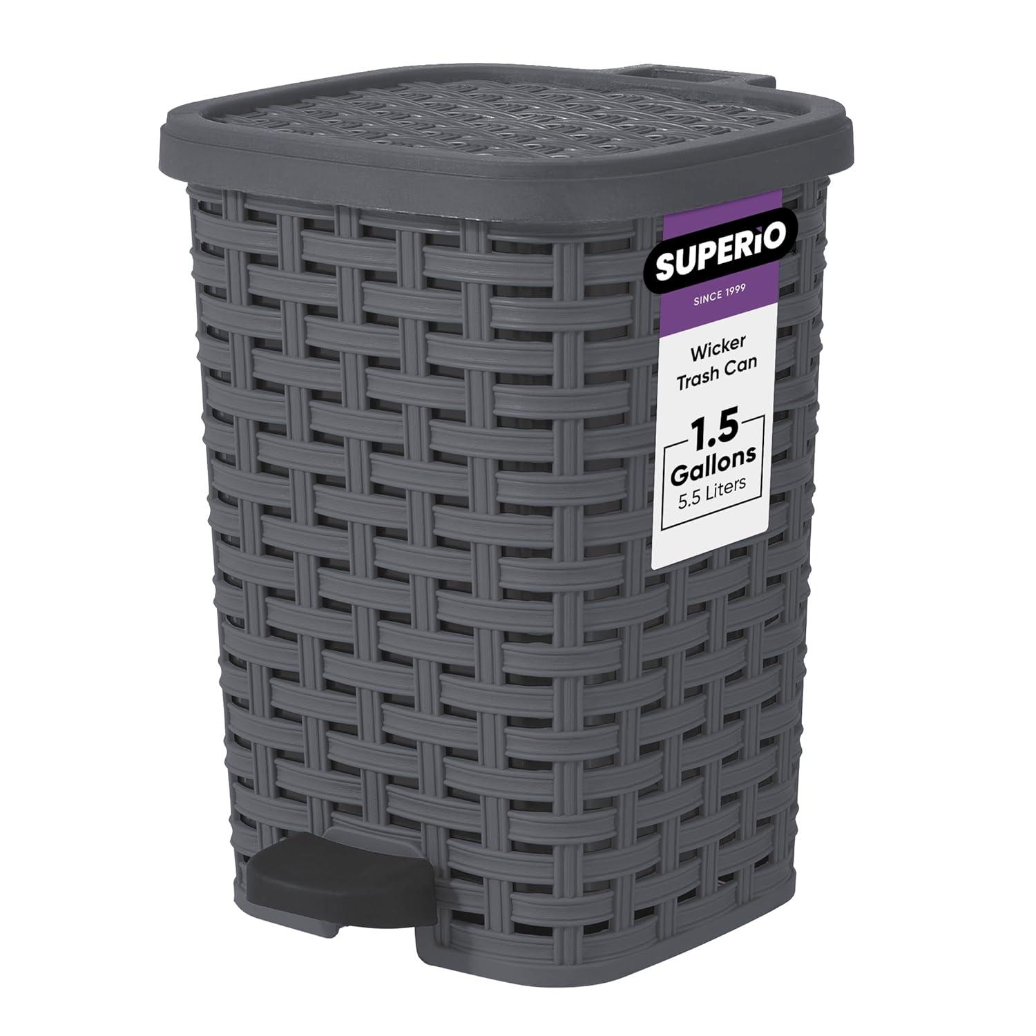 Onyx Grey Plastic Wicker Style Pedal Trash Can 1.5 Gallon