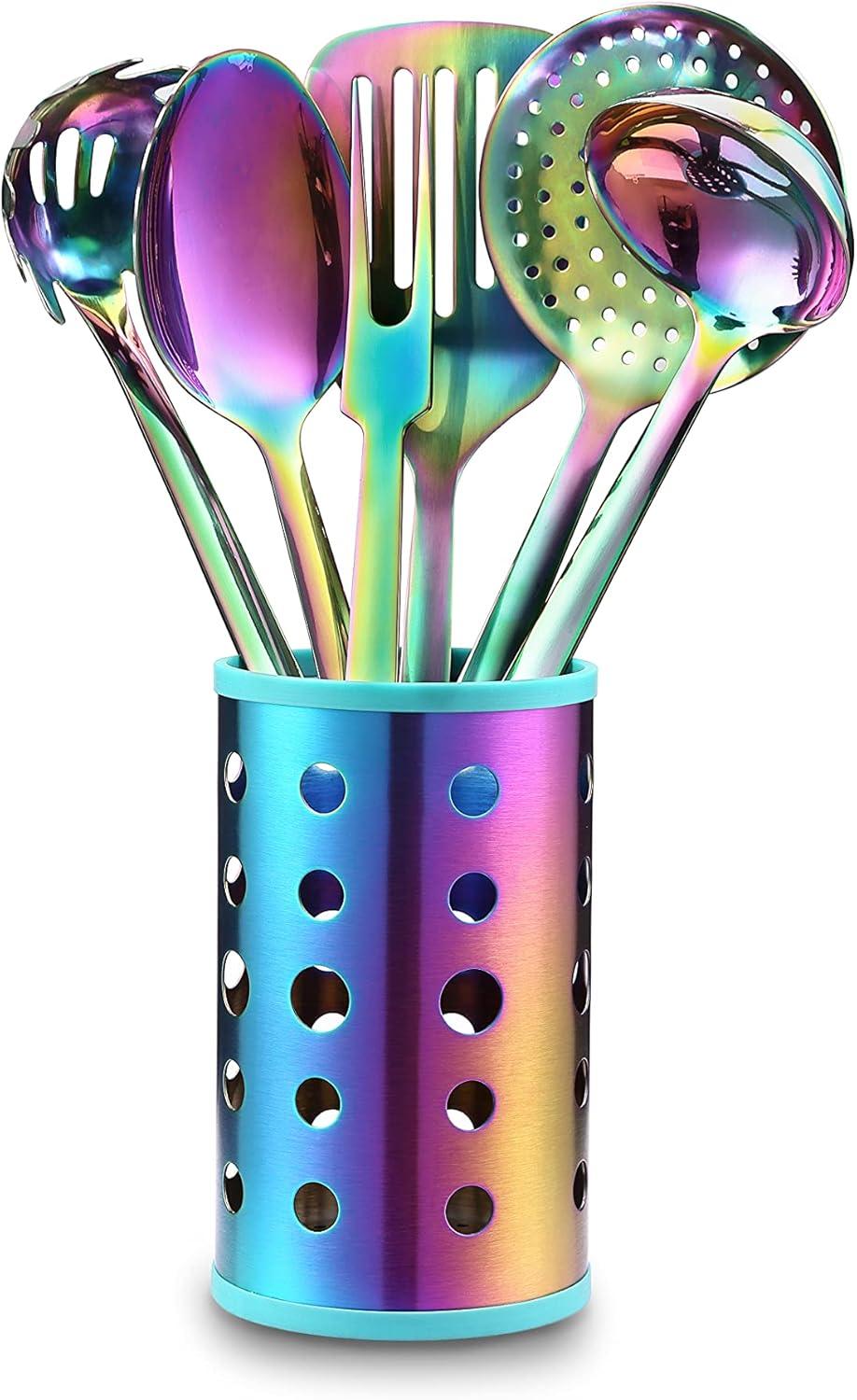 Marco Almond 7-Piece Rainbow Stainless Steel Cooking Utensil Set Kitchen Utensils Dishwasher Safe