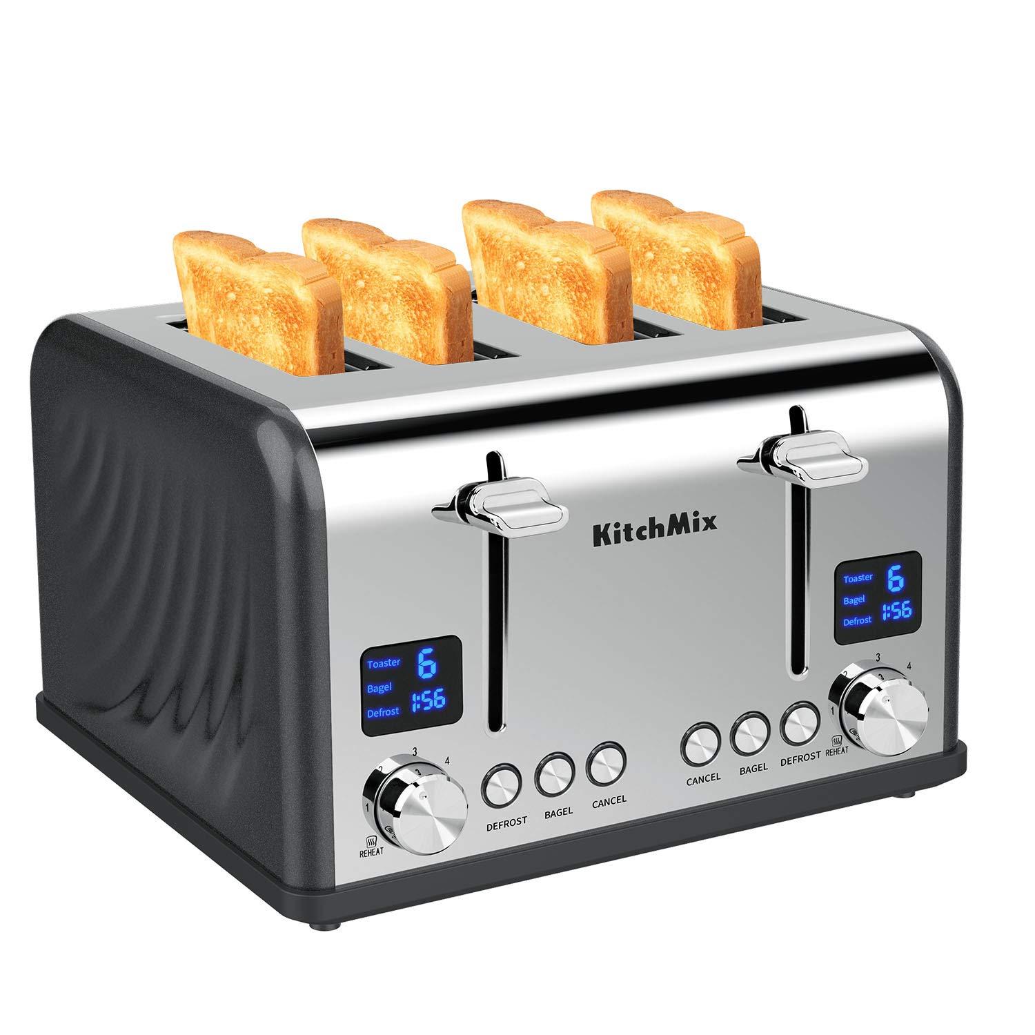 Modern Stainless Steel 4-Slice Toaster with LCD Display and Wide Slots