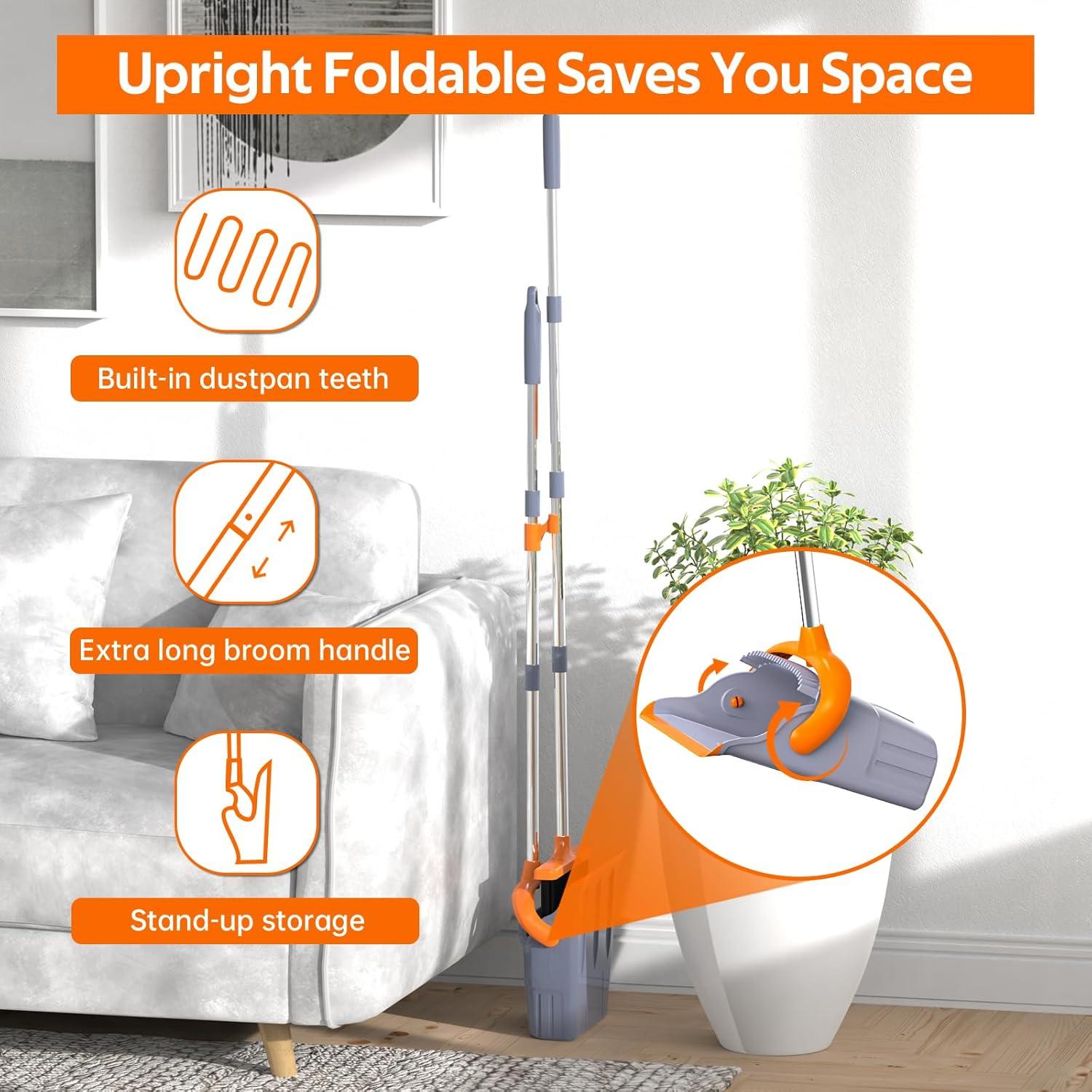 Broom and Dustpan Set for Home, Broom and Dustpan Combo for Office, Long Handle Broom with Upright Standing Dust pan,Indoor&Outdoor Sweeping (Gray&Orange)