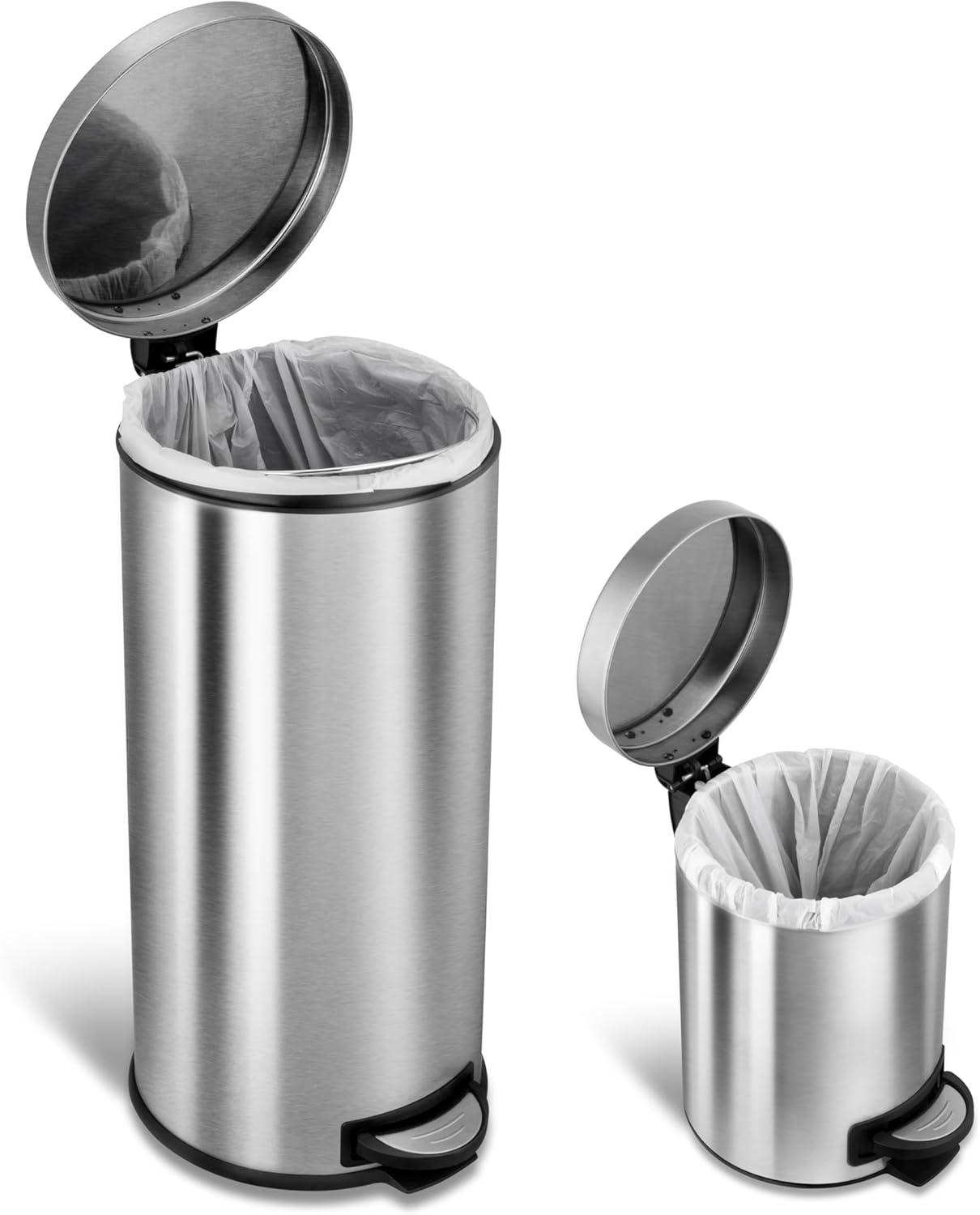 8 Gallon and 1.2 Gallon Stainless Steel Step-On Trash Can Set