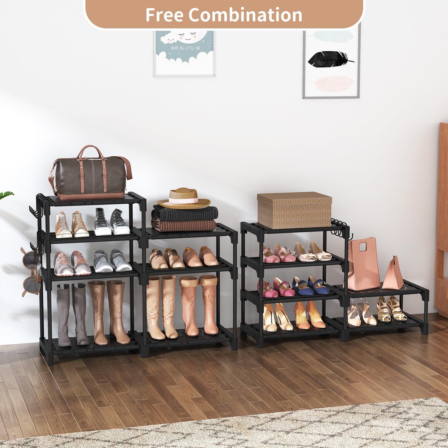 Black 8-Tier Metal Shoe Rack with Hooks