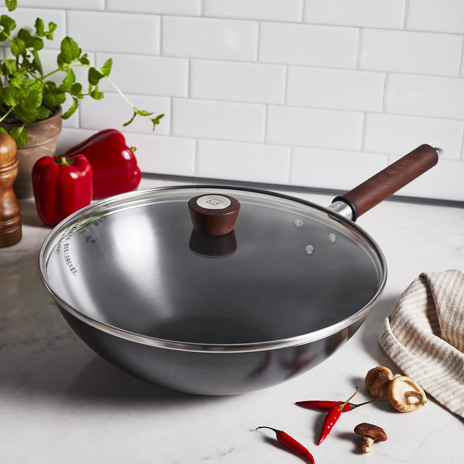 Zwilling 12-Inch Black Carbon Steel Wok with Walnut Handle