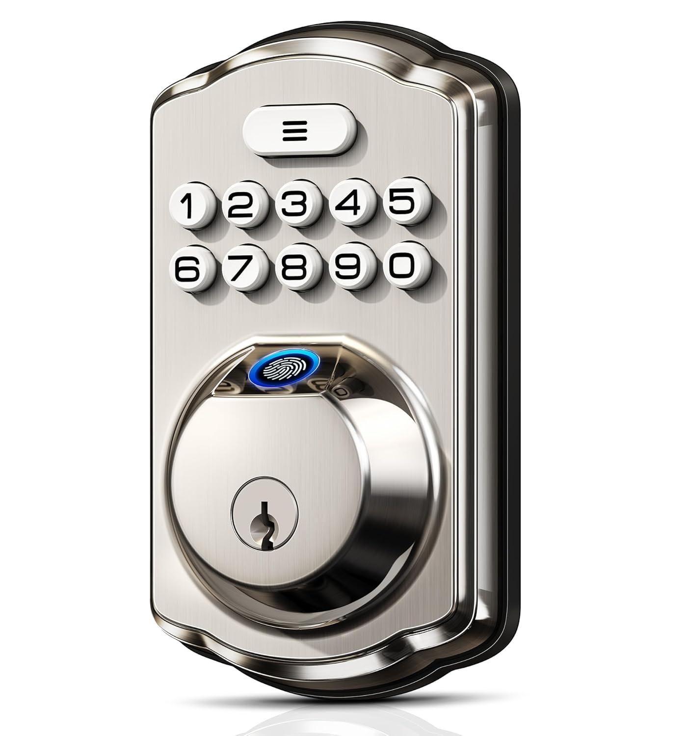 Satin Nickel Electronic Keypad Deadbolt with Fingerprint Sensor