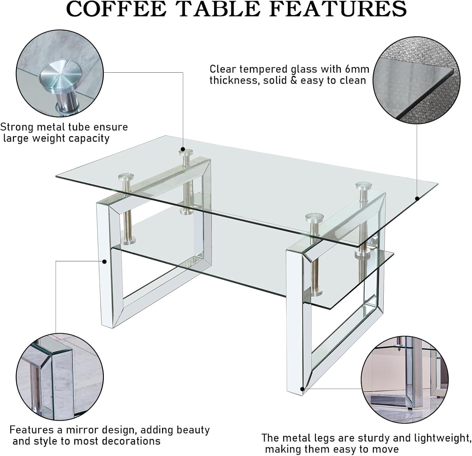 Gzxs Glass Coffee Table with 2 Tier Glass Boards & Sturdy Metal Legs, Mirrored Clear Rectangle Glass Cocktail Tea Table for Home Office, Silver