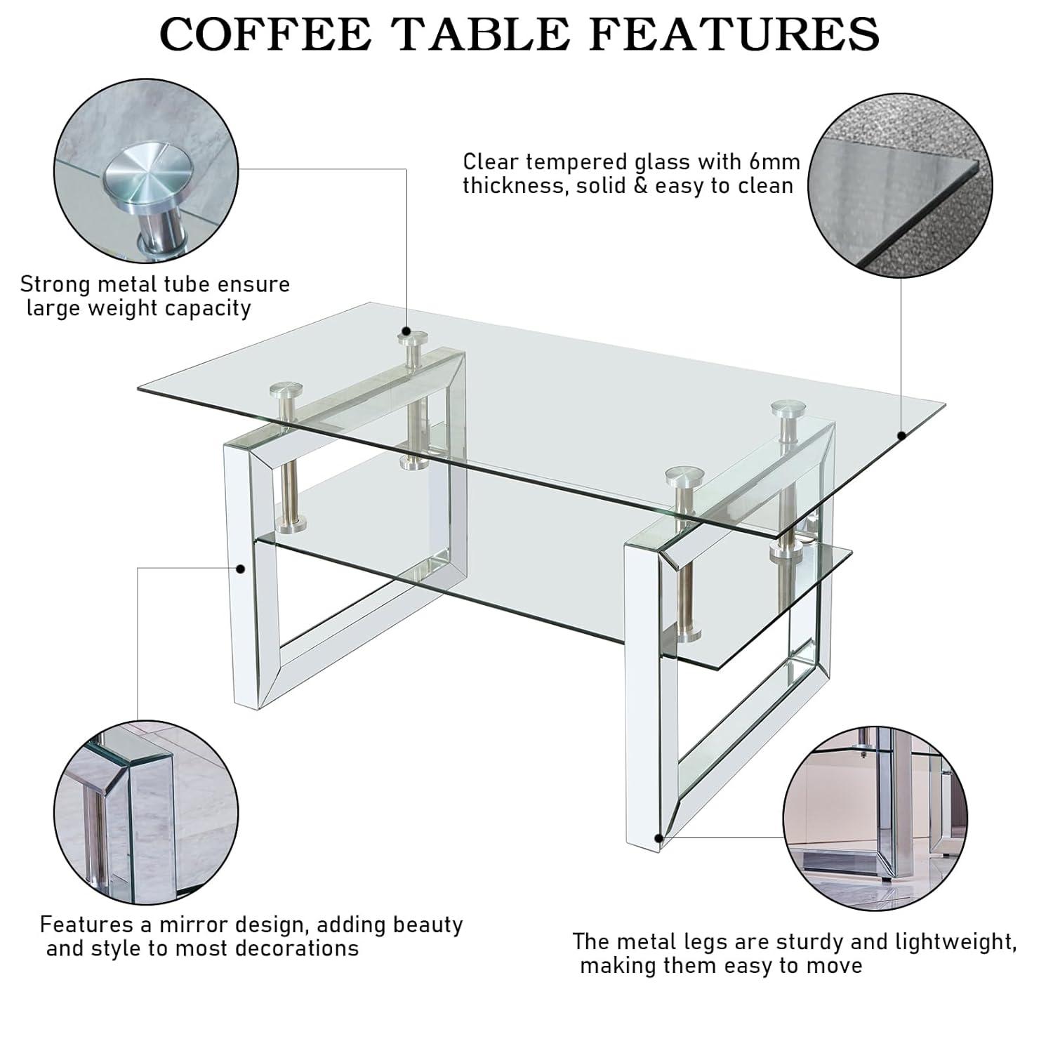 Gzxs Glass Coffee Table with 2 Tier Glass Boards & Sturdy Metal Legs, Mirrored Clear Rectangle Glass Cocktail Tea Table for Home Office, Silver