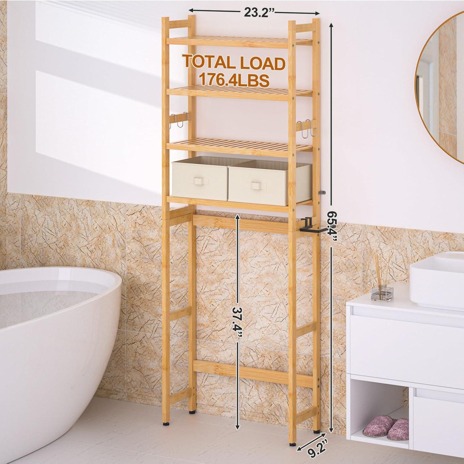 Natural Bamboo 4-Tier Over-the-Toilet Storage Rack with Baskets