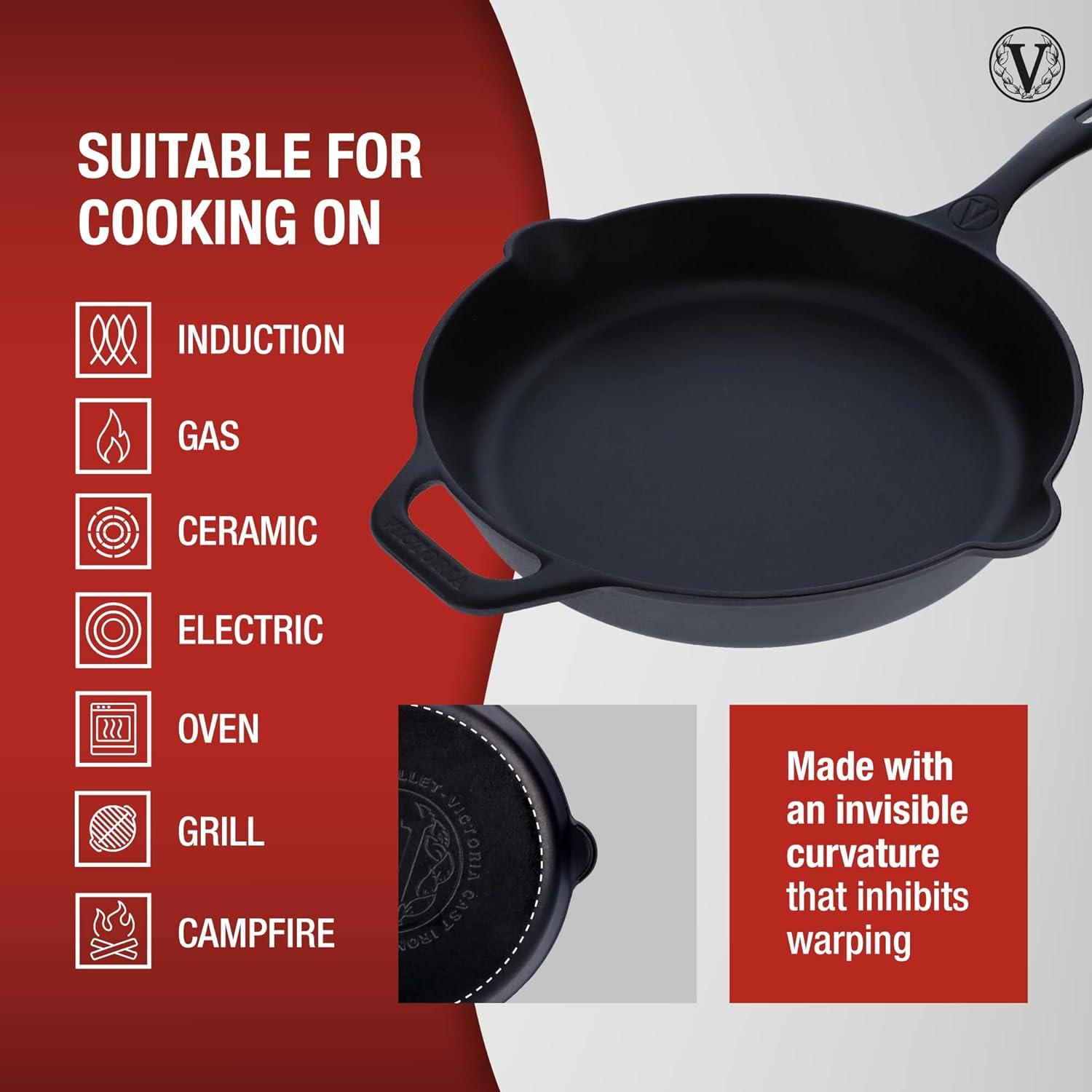 Victoria Seasoned 12" Cast Iron Skillet with Helper Handle: Preseasoned, Oven-Safe, 12 Inch, Long Handle, Lifetime Warranty