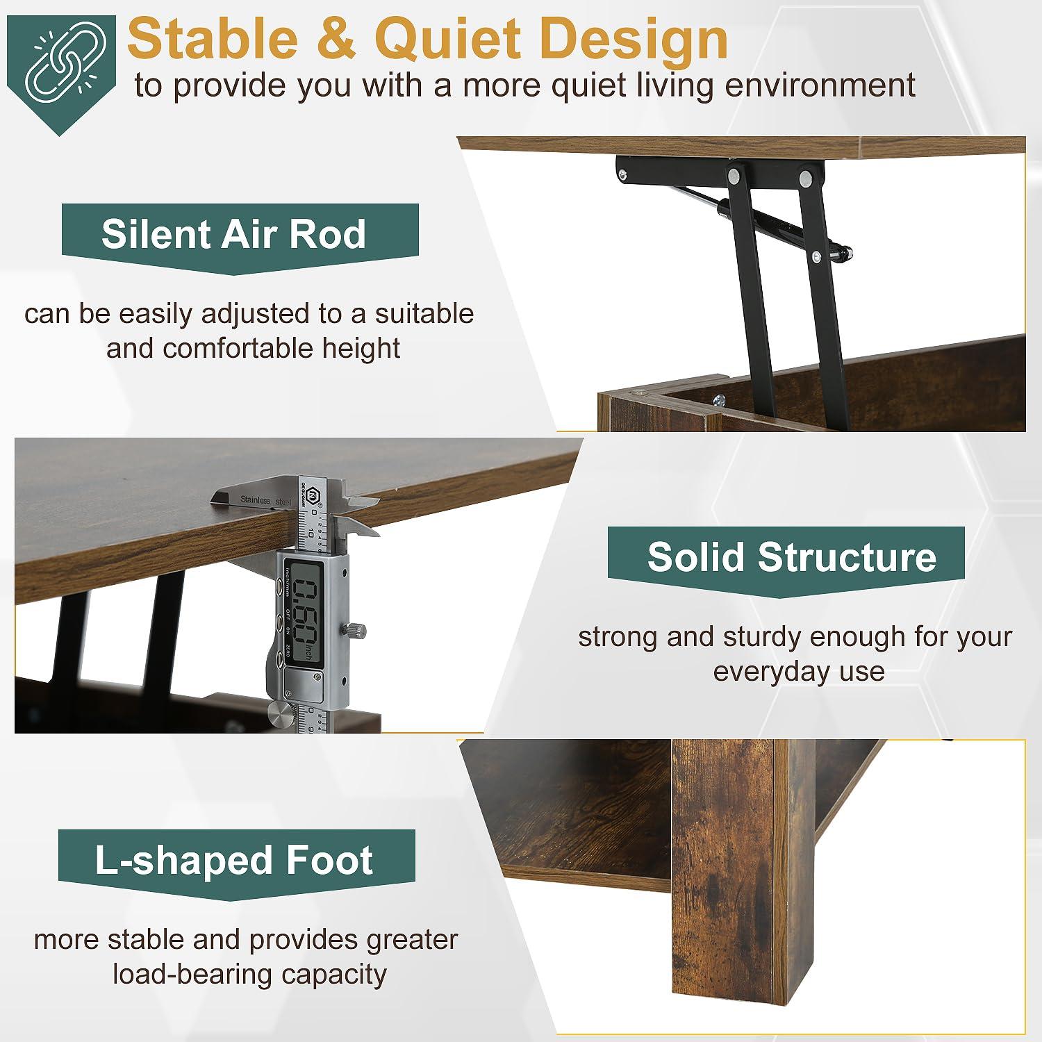 FDW Coffee Tables with Hidden Compartment and Storage Shelf Wooden Lift Tabletop Dining Table for Living Room Home (Brown)