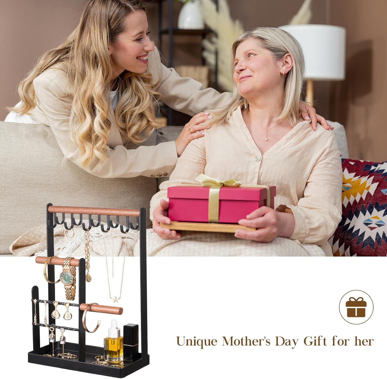 ProCase Jewelry Organizer Stand Necklace Holder, 4-Tier Jewelry Tower Rack with Earring Tray and Holes, 10 Hooks Necklaces Hanging Storage Tree Display for Bracelets Watches Earrings Rings -Black
