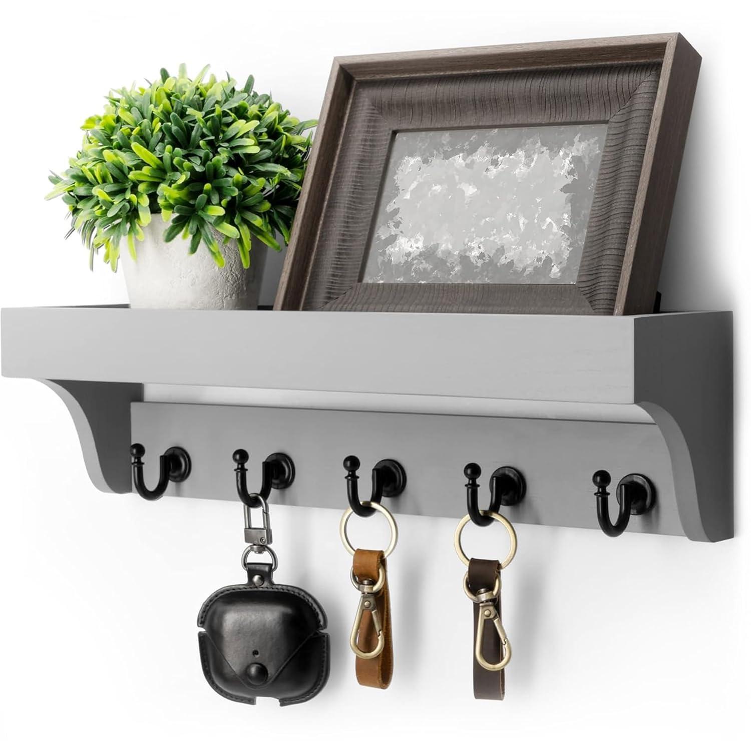 Gray Painted Wood Wall Mounted Key Holder with Shelf