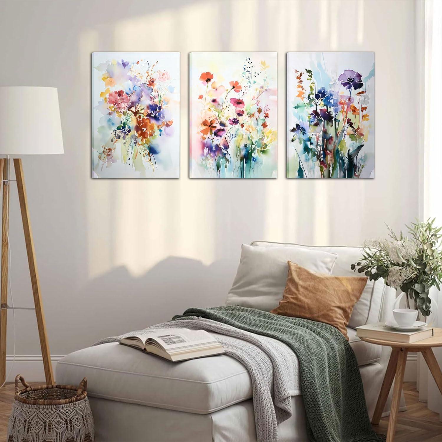 JRXY 3 Pcs Framed Watercolor Floral Botanical Canvas Wall Art Colorful Wildflower Plant Paintings Prints Posters 12x16 in