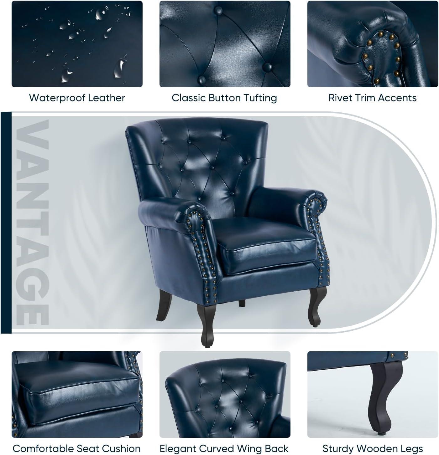 Navy Faux Leather Tufted Accent Chair with Wood Legs