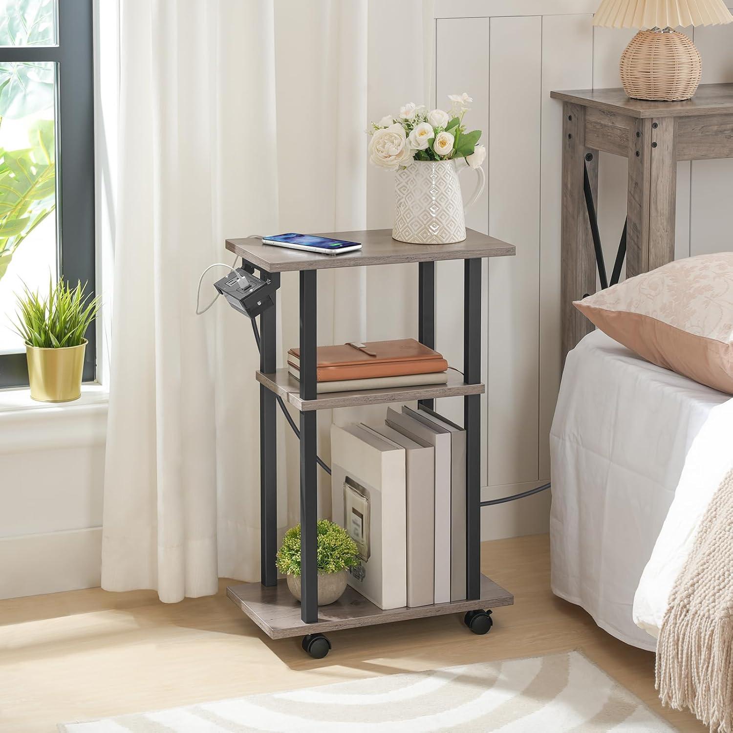 HOOBRO Small Narrow Side Table with Charging Station, Skinny End Table for Small Spaces, Slim Nightstand with USB Ports and Outlet, Sofa Beside Table on Wheels for Living Room BF122UBZ01