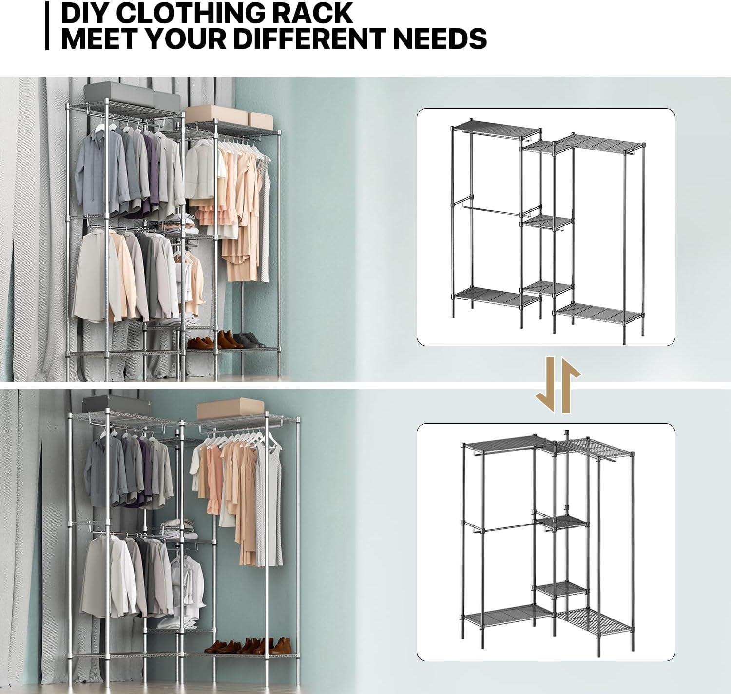 MoNiBloom Heavy Duty Clothes Rack, Clothing Rack for Hanging Clothes, Carbon Steel Garment Rack, Adjustable and Easy Assembly, 66"Lx13.5"Wx71"H, Silver