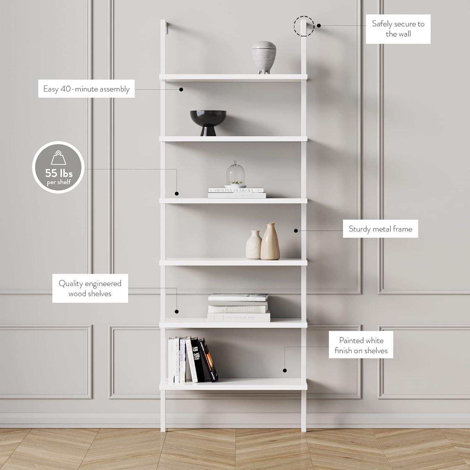 Nathan James Theo 6-Shelf Tall Bookcase Wall Mount Bookshelf White Wood with White Metal Frame White