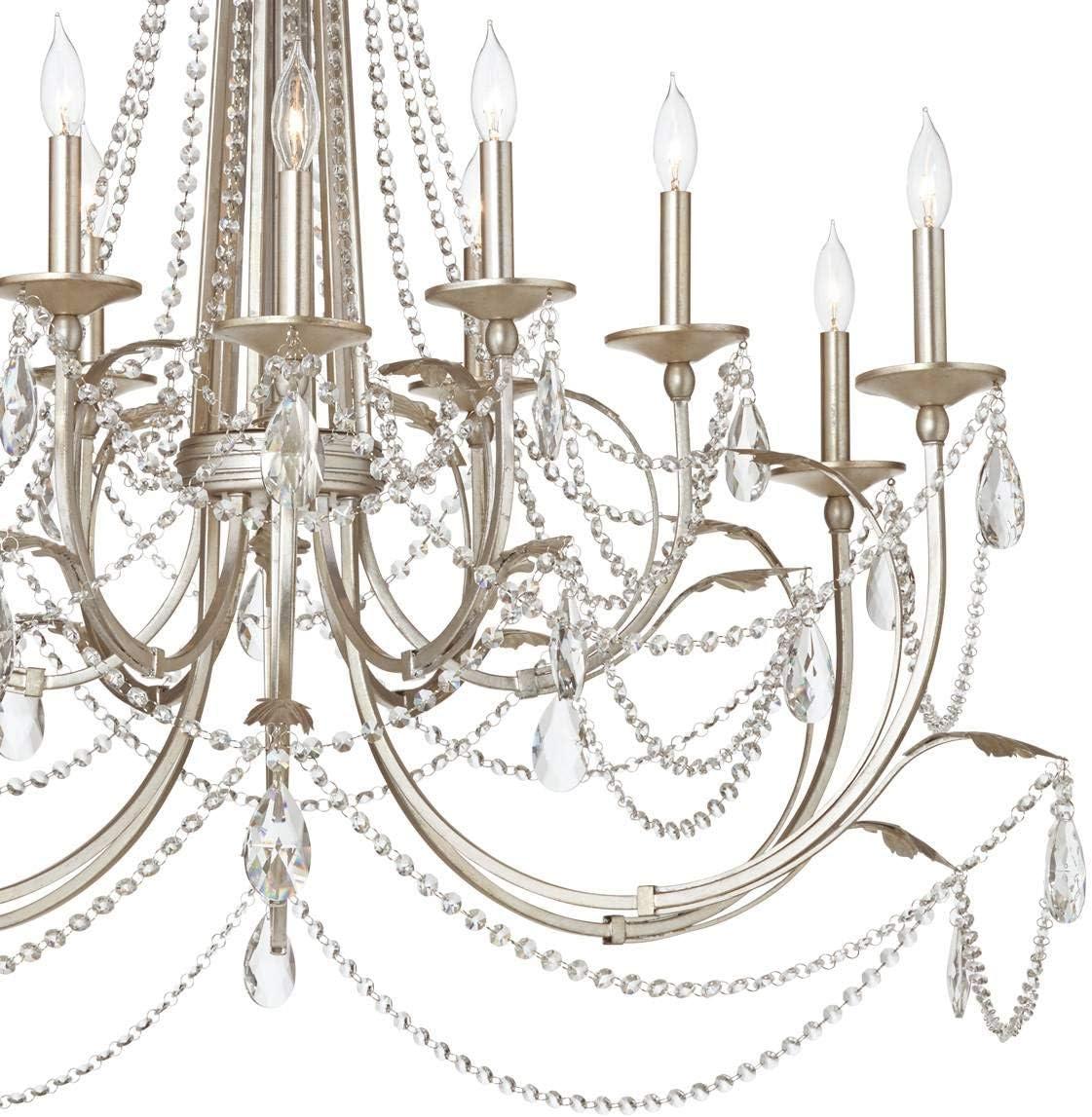 Regency Hill Strand Silver Leaf Chandelier 46" Wide French Beaded Crystal 12-Light Fixture for Dining Room House Foyer Kitchen Island Entryway Bedroom