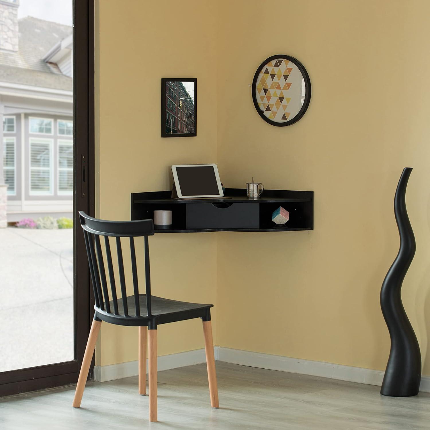 Basicwise Brown Corner Desk Heart Shaped Wall Mounted Office Table with Drawer and Two Shelves Computer Writing Desk