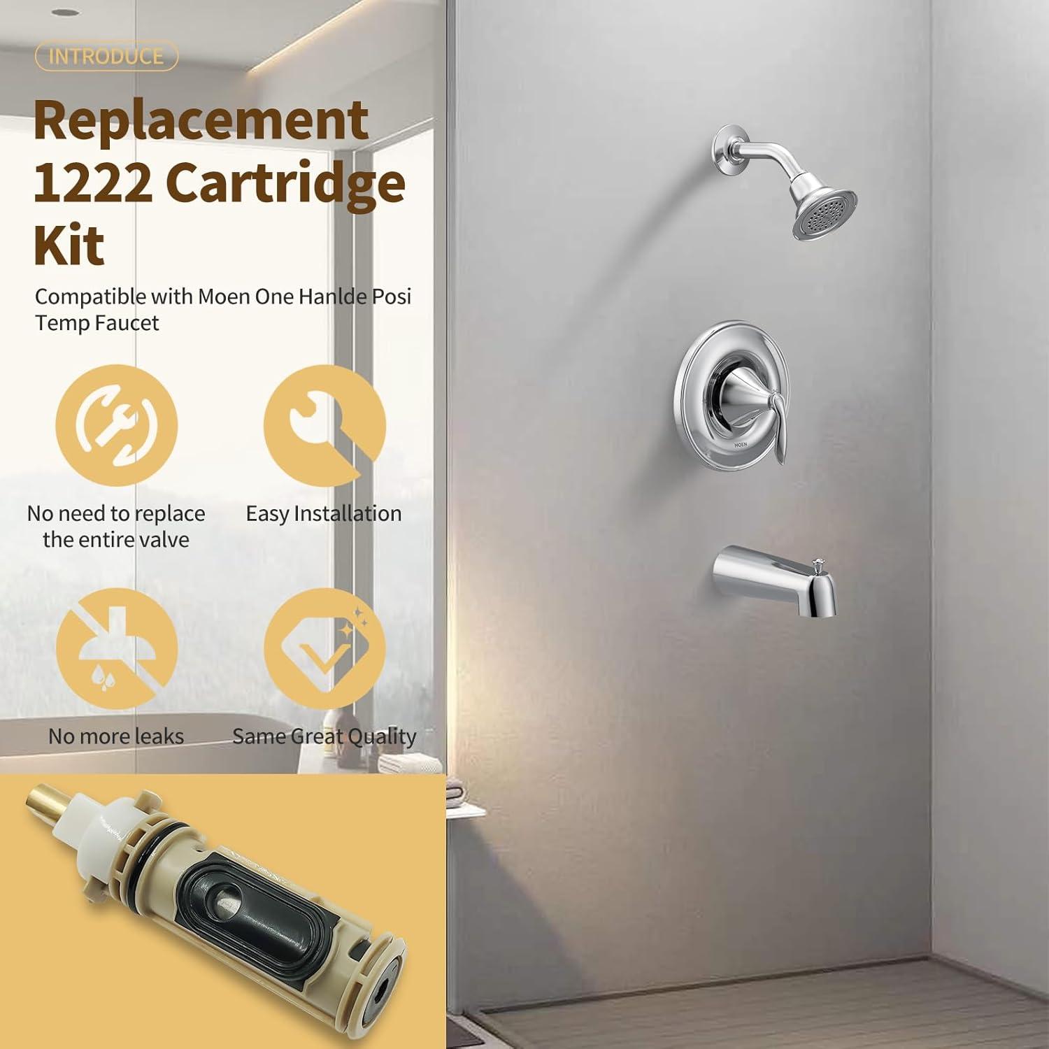 1222 Replacement Cartridge with Moen 104421 Cartridge Puller Removal Tool Retainer Clip Compatible with Moen One-Hanlde Posi Temp 1222B Shower Bathtub Faucet (1222 cartridge +104421 cartridge puller)