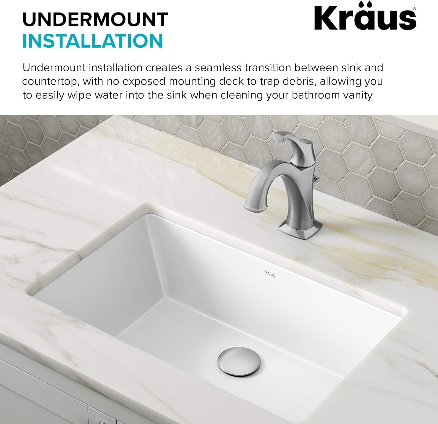 KRAUS Elavo. Rectangular Porcelain Ceramic Undermount Bathroom Sink In White With Overflow Drain, KCU-242