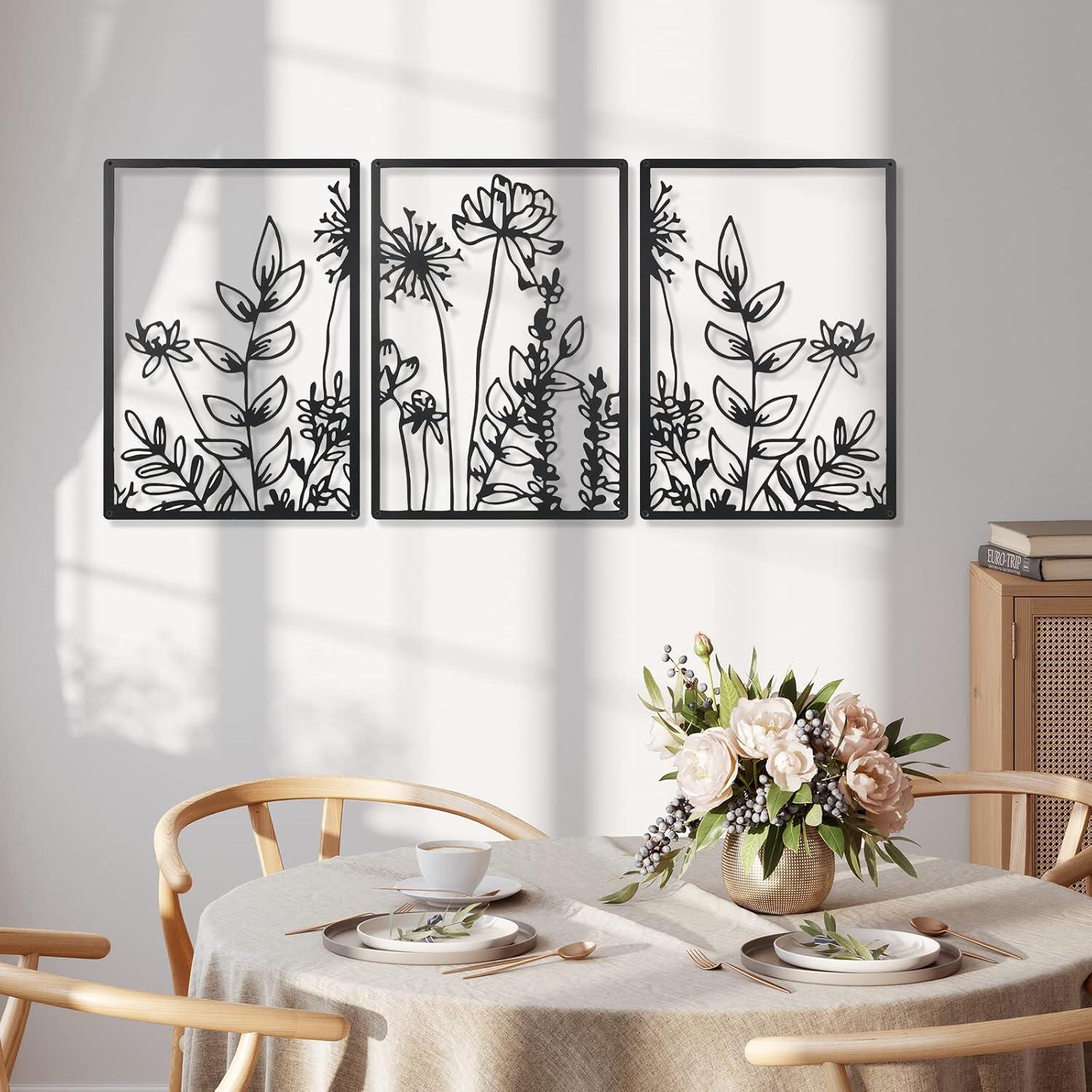 Black Metal Floral Minimalist Wall Art Set of 3