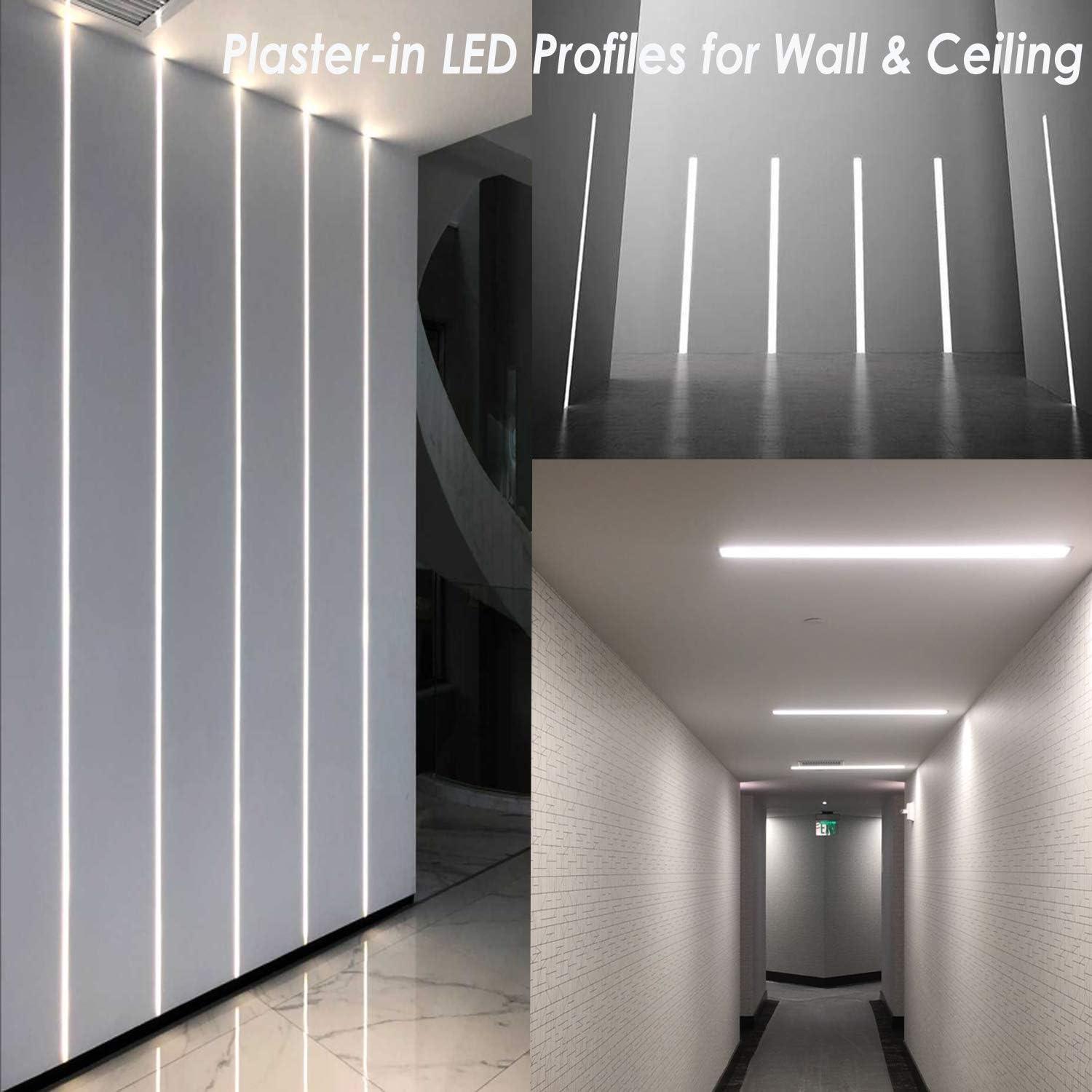 Plaster-in LED Aluminum Channel 6Pack 1m/3.3ft Plaster LED Strip Light Diffuser Profile,Trimless Drywall Aluminum LED Channel Profile with Milky Diffuser Cover End Cap for Wall and Ceiling