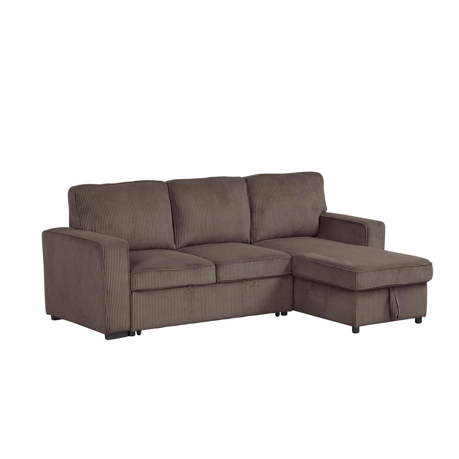 HOMES: Inside + Out Paeke Sleeper Sectional Sofa Corduroy with Storage Chaise and Reversible Brown