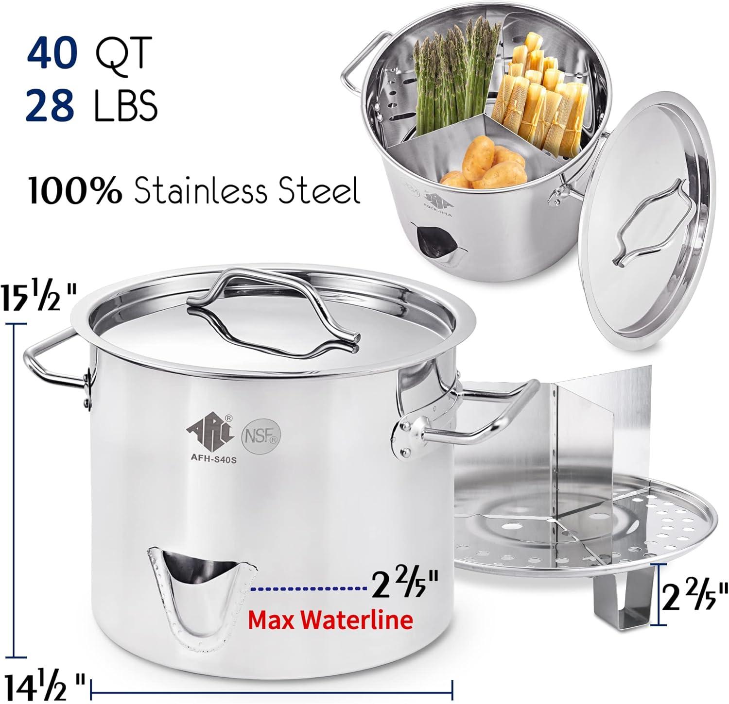 ARC USA Three in One 10 Gallon 40QT Stainless Steel Stock Pot Tamale Steamer with Lid & Steamer Rach