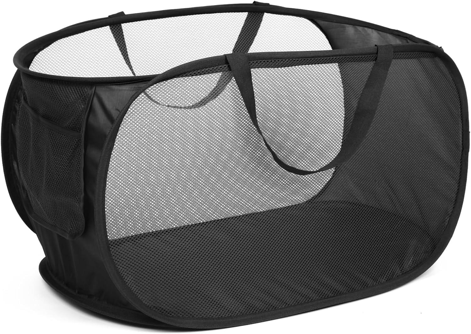 Durable Collapsible Laundry Baskets, Mesh Pop Up Laundry Hamper with Side Pocket, Foldable Clothes Storage Hamper with Reinforced Carry Handles for Laundry, Bathroom, Kids Room, Dorm or Travel Grey