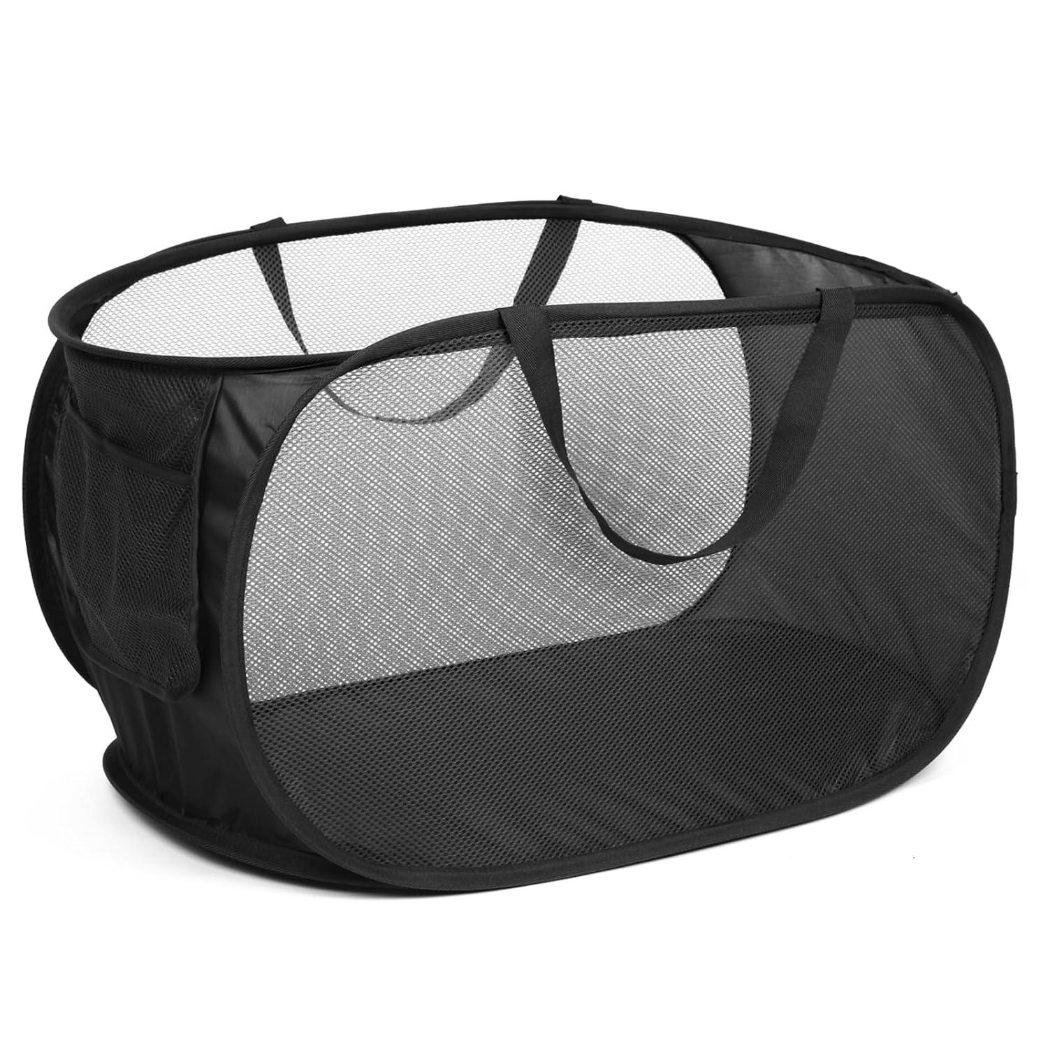 Durable Collapsible Laundry Baskets, Mesh Pop Up Laundry Hamper with Side Pocket, Foldable Clothes Storage Hamper with Reinforced Carry Handles for Laundry, Bathroom, Kids Room, Dorm or Travel Grey