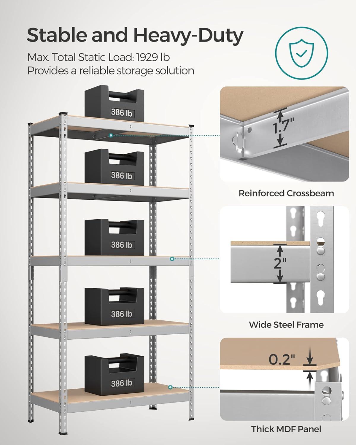 SONGMICS 5-Tier Storage Shelves Metal Garage Storage, Boltless Assembly Adjustable Shelving Unit 17.7 x 35.4 x 70.9 Inches, Load 1929 lb for Shed Warehouse Basement Kitchen Silver