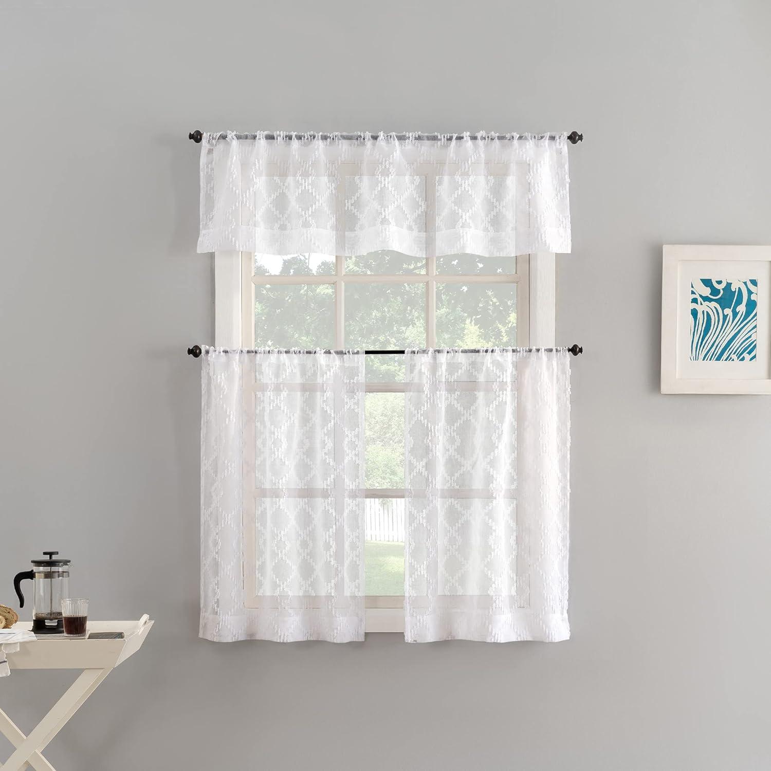 No. 918 Tina Geometric Clipped Semi-Sheer Rod Pocket Kitchen Curtains, 54"x36"