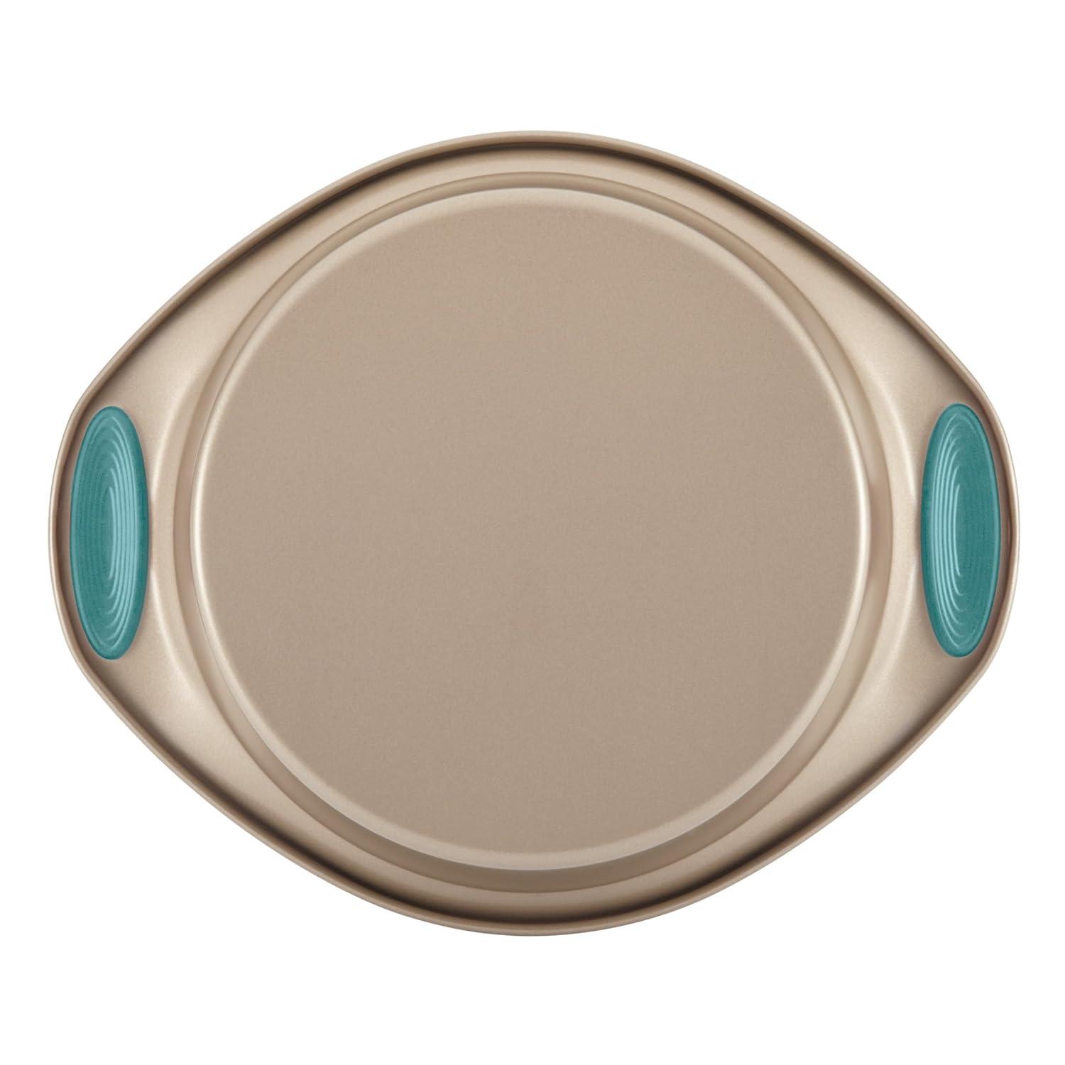Rachael Ray 47578 Cucina Nonstick Bakeware Set with Grips Includes Nonstick Bread Pan, Baking Sheet, Cookie Sheet, Baking Pans, Cake Pan and Muffin Pan - 10 Piece, Latte Brown with Agave Blue Grips