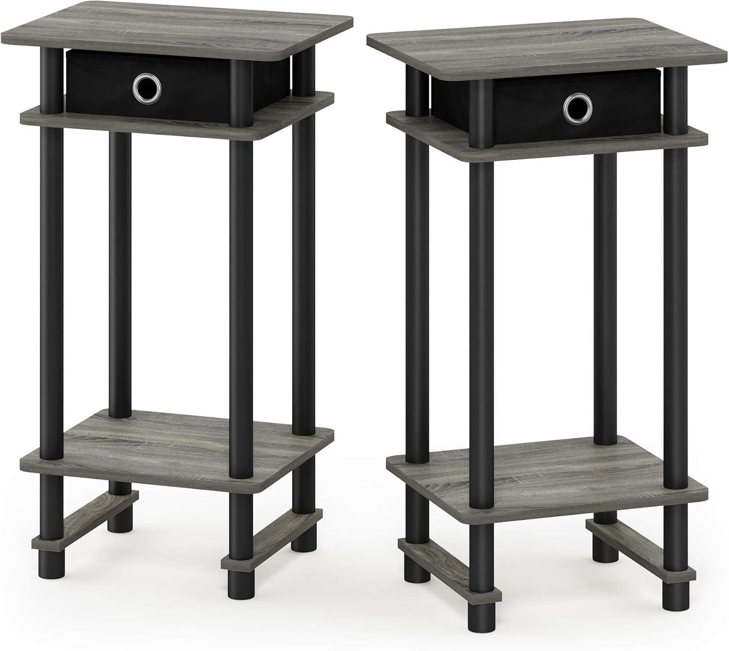 Furinno 2-17017 Turn-N-Tube Tall End Table with Bin, French Oak Grey/Black/Black, Set of 2