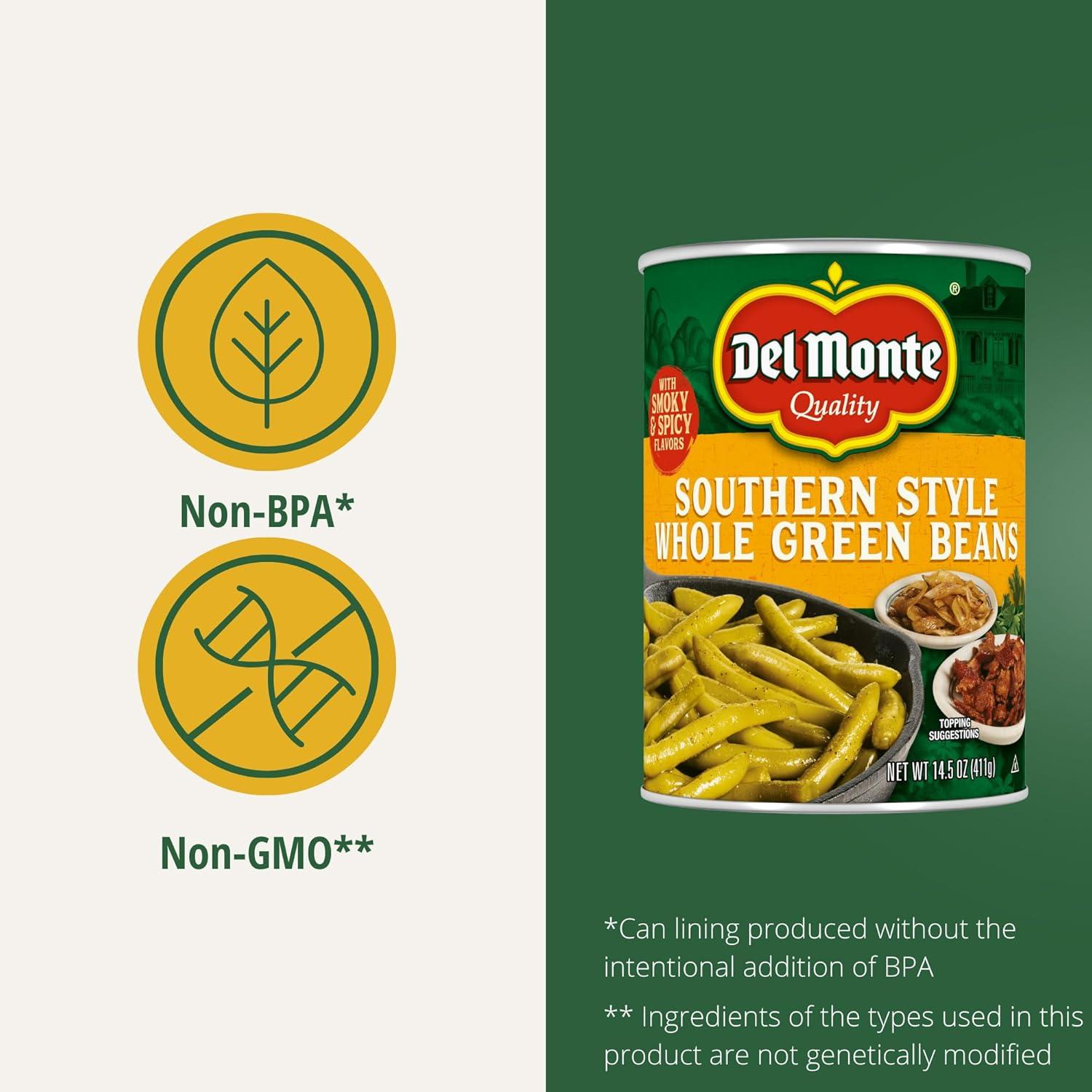 (12 pack) Del Monte Southern Style Whole Green Beans, Canned Vegetables, 14.5 oz Can