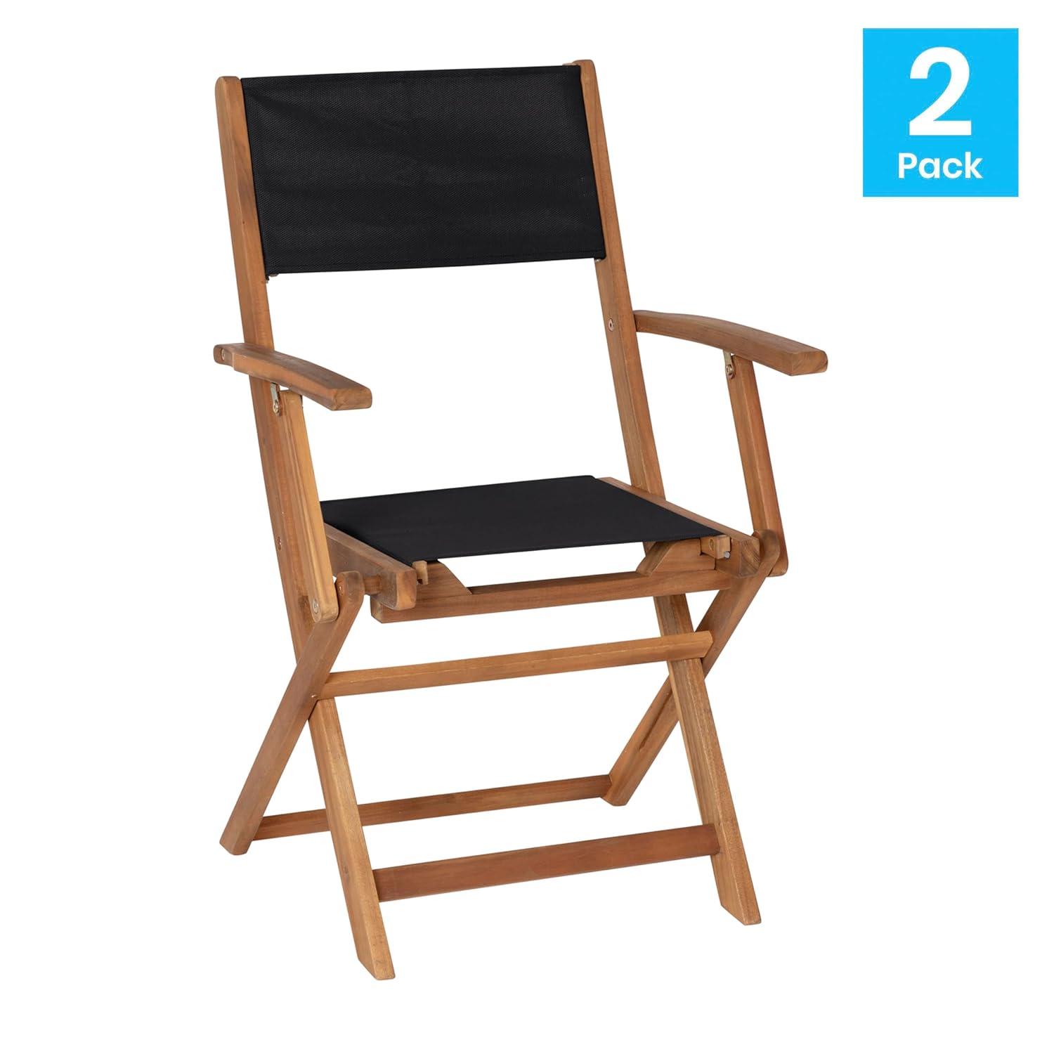 Flash Furniture 2PK All-Weather Acacia Wood and Mesh Folding Bistro Armchairs - Natural/Black
