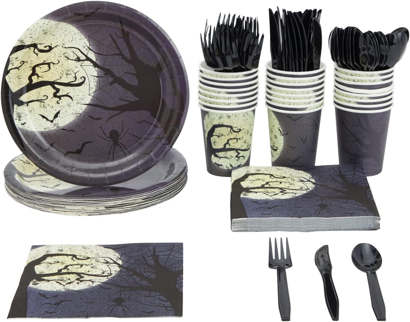 Blue Panda 144 Pieces Full Moon Halloween Party Supplies, Paper Plates, Napkins, Cups, Cutlery for Spooky Gatherings (Serves 24)