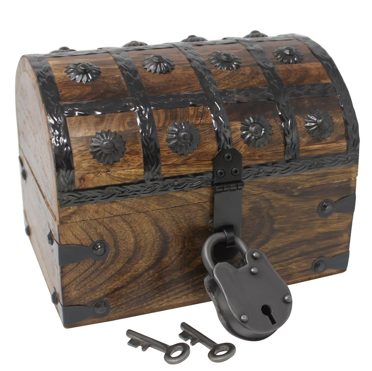 Nautical Cove Wooden Treasure Chest with Padded Velvet Lining and Antique Lock with Skeleton Keys (Small 8x6x6) – Luxury Wood Pirate Chest, Wooden Keepsake Box, Decorative Box with Lid
