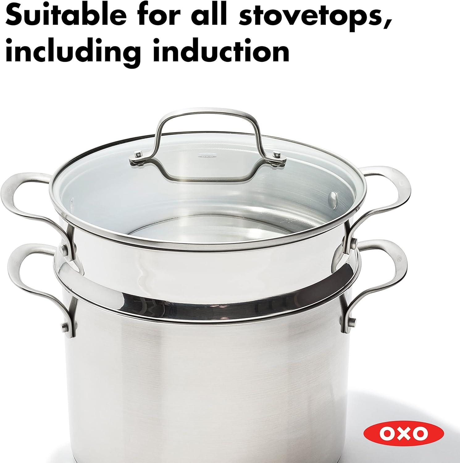 Polished Stainless Steel 8.4QT Multi-Pot with Steamer Insert and Glass Lid