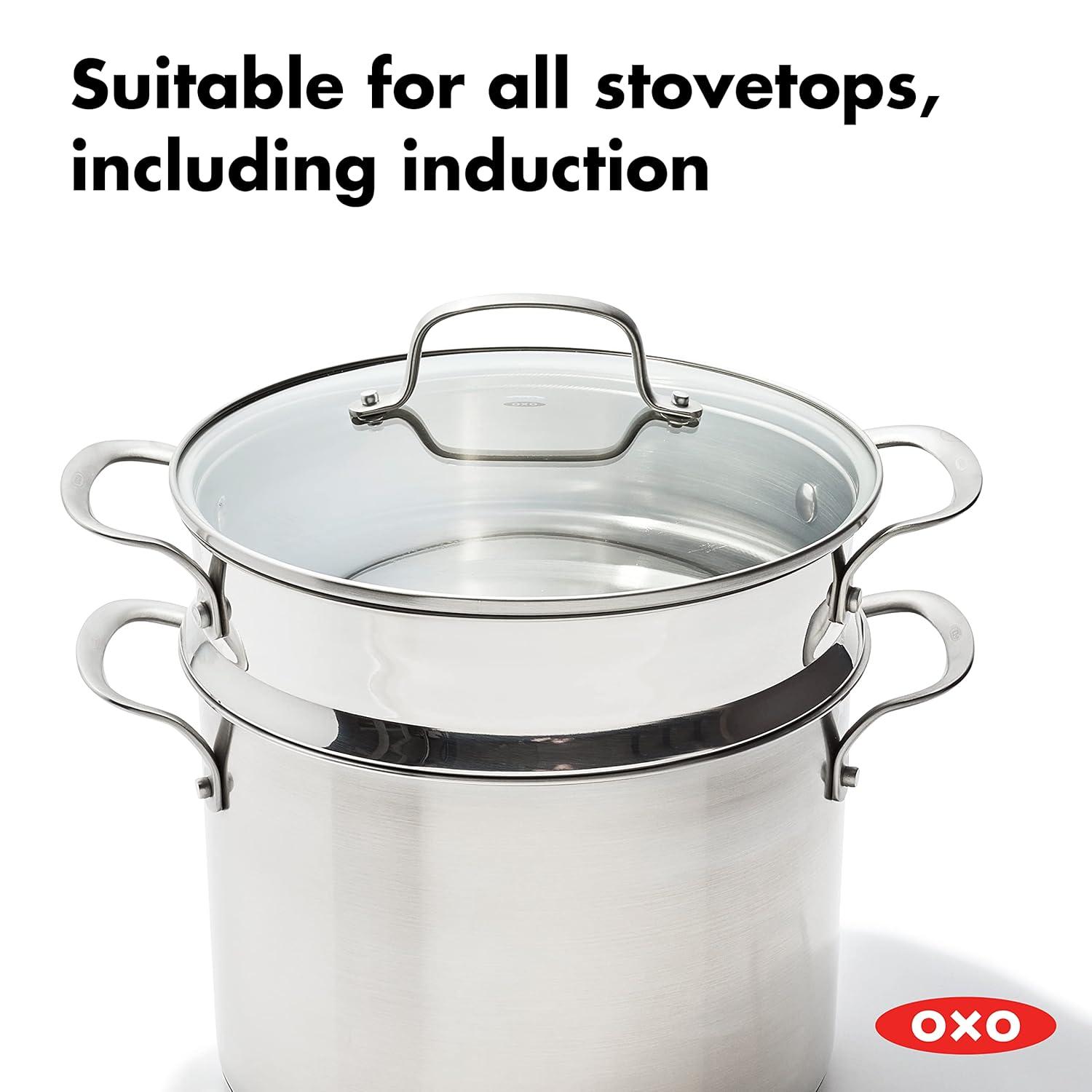 Polished Stainless Steel 8.4QT Multi-Pot with Steamer Insert and Glass Lid